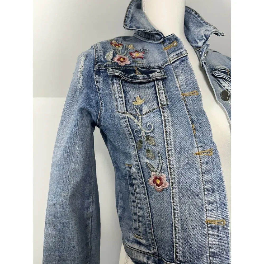 Thrashed Cottage core‎ JouJou Denim Embroidered Ladies S or girl jacket Sz 14 L